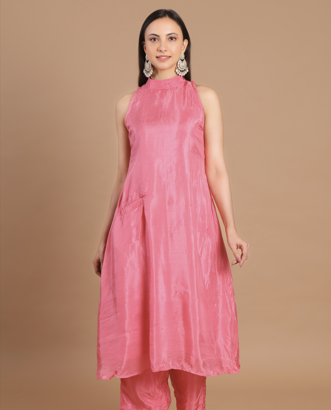 Blush Pink A-Line Keyhole Neck Silk Kurta Set
