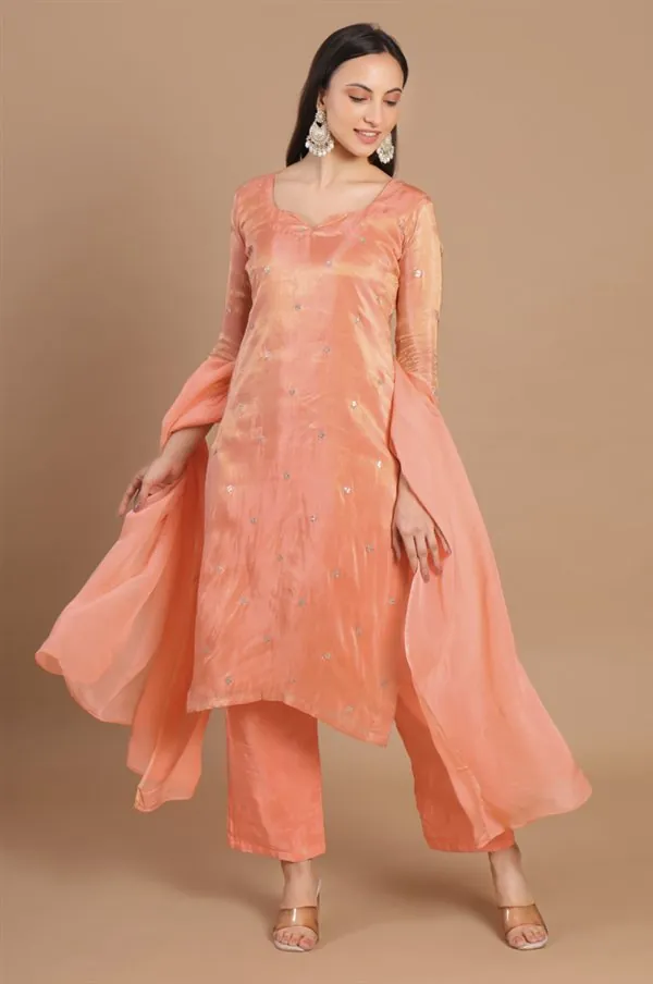 Peach Embellished Kurta Set with Dupatta
