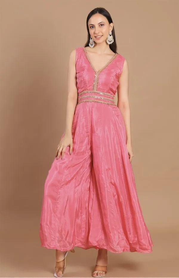 Pink Embellished Flared Maxi Dress