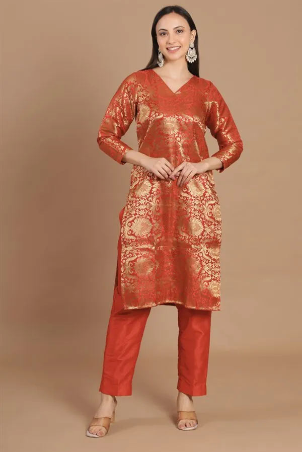 Red Banarasi Silk Kurta Set with Pant – Royal Festive Ensemble